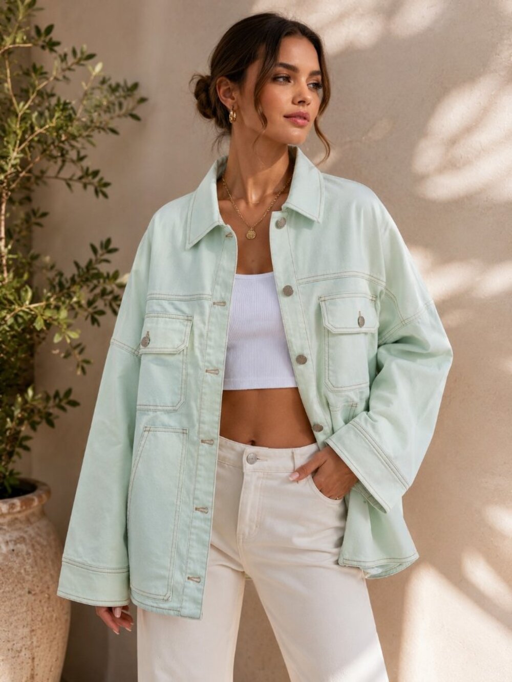BY.DYLN Mint Green Jermone Jacket Utility Cotton Denim S NWT